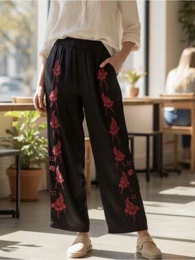 Johnny Was Black Wide-Leg Pants with Red Floral Embroidery